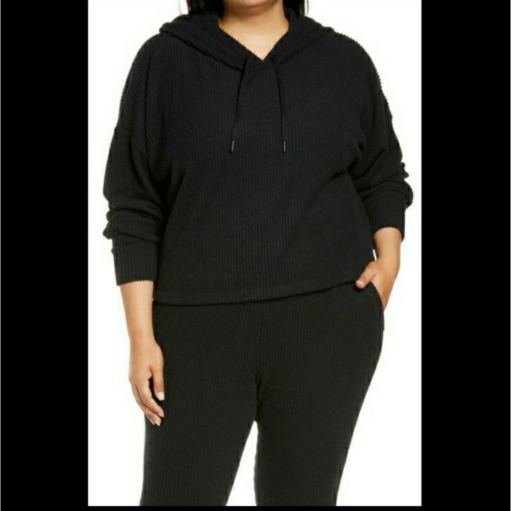 Zella Sloane Hoodie Rib Black Long Sleeve Hooded Sweater Top Plus 2X NEW